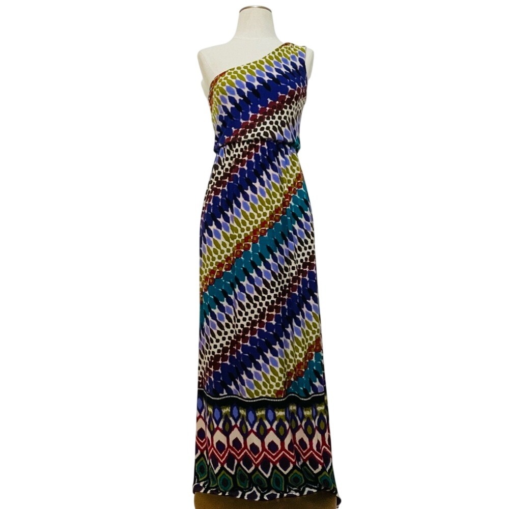 Geometric One Shoulder Maxi Dress Multi Color‎ Ikat Print Elastic Waist Medium